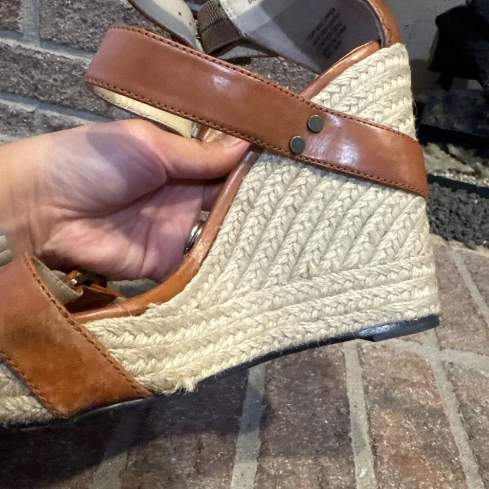 Brian Atwood Wedge Espadrille Leather Sandals‎ Size 9 40EU #286